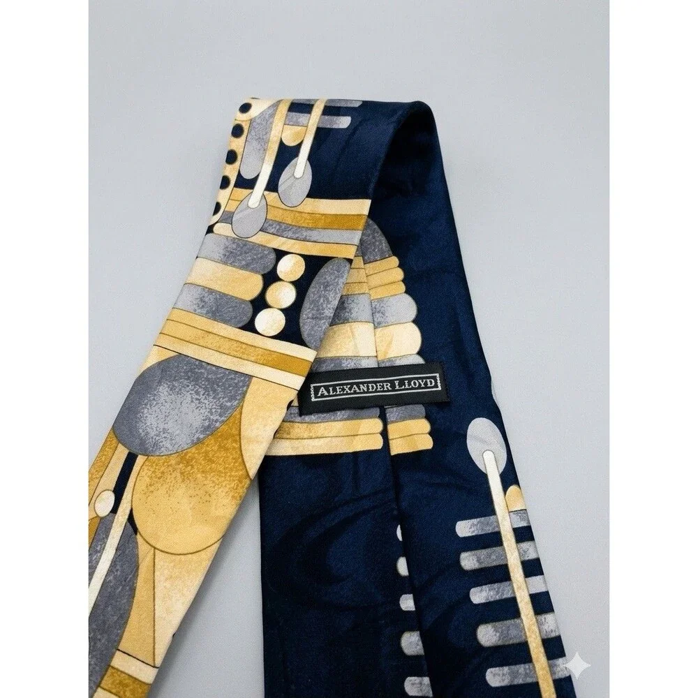 Alexander Lloyd Men's Navy Gold Gray Geometric Abstract Pointed Tie Logo